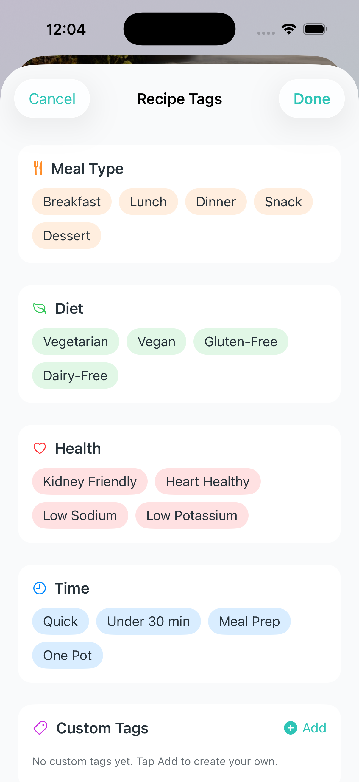 Recipe Tags screen showing Meal Type, Diet, Health, Time categories for organizing recipes