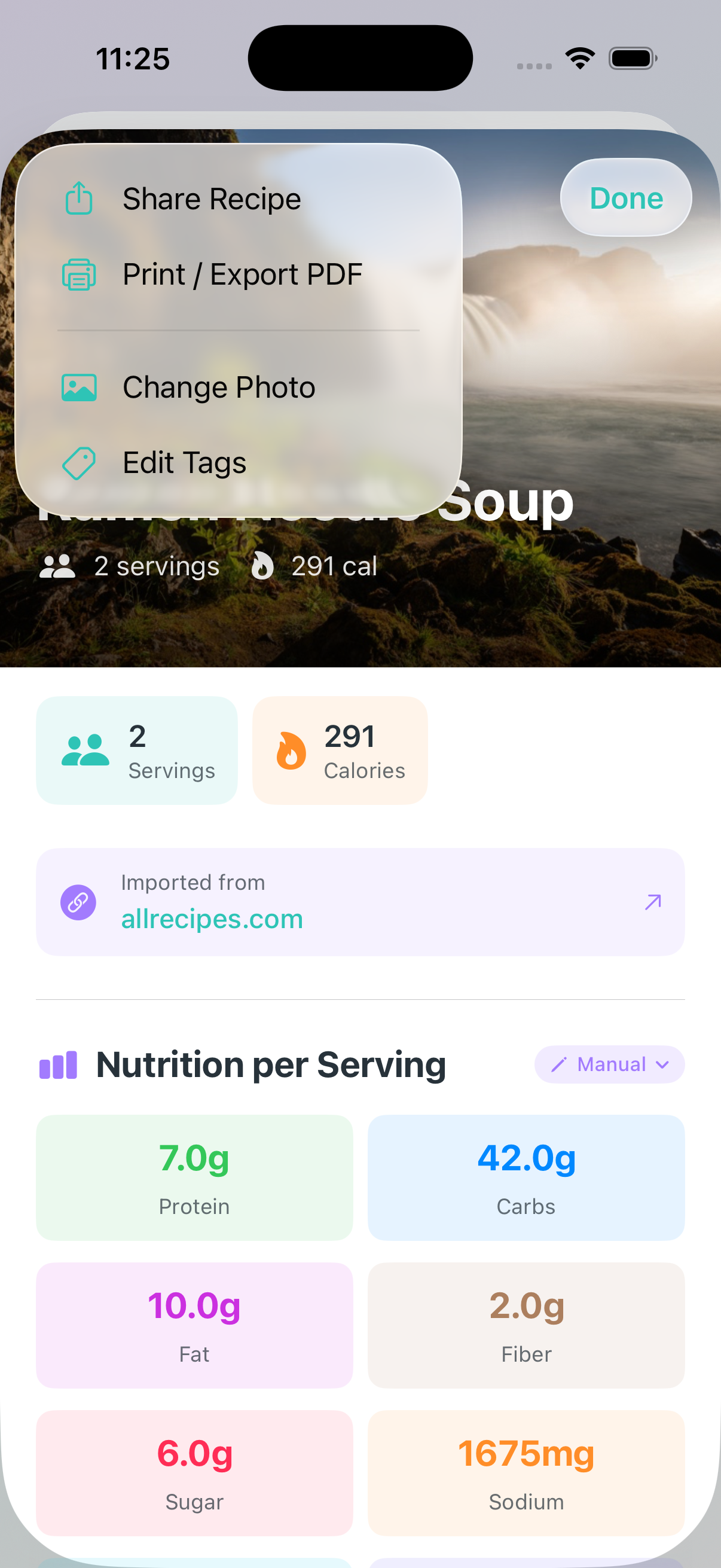 Recipe detail menu showing Share Recipe option