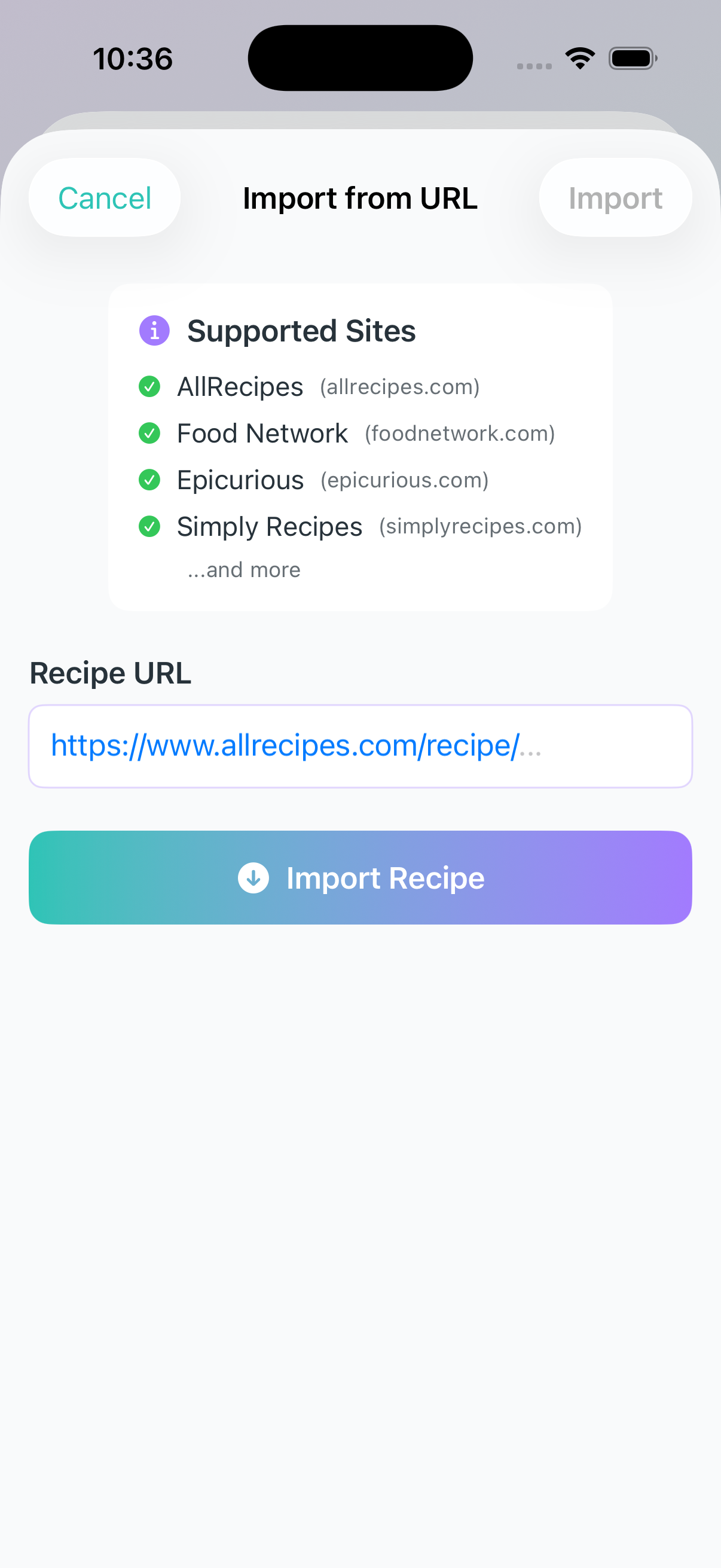 URL import view with text field for pasting recipe URL and Import button